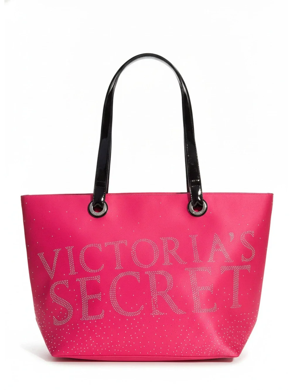 Victoria's Secret Pink Tote Bag with Rhinestone Logo and Black Patent Handles